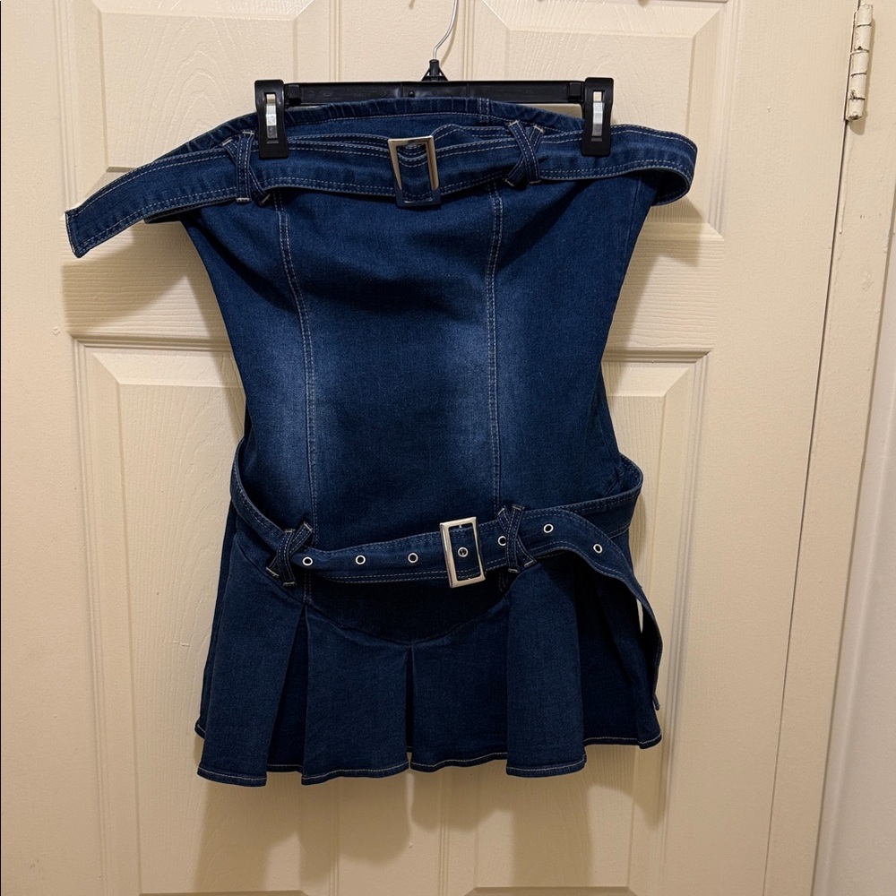 SHEIN Dark Blue Denim Strapless Pleated Mini Dress with Belt